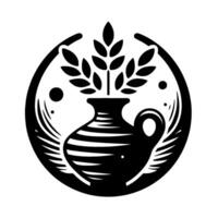 Minimalist Black and White Emblem Ceramic Jug with Wheat Stalks within a Circular Frame, Representing Harvest, Nature, and Simplicity. vector