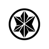 A minimalist black and white featuring a stylized sixpointed star, composed of geometric diamond shapes, encased in a black circular frame, set against a clean white background. vector
