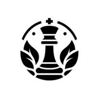 Minimalist Black and White Emblem Chess King in a Laurel Wreath within a Decorative Round Frame, Geometric and Symbolic vector