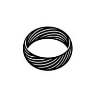 A black and white minimalist art piece featuring an oval ring constructed from multiple parallel curved lines, set against a clean white backdrop. vector