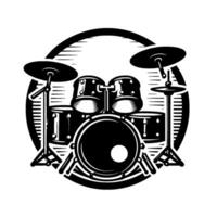 Bold Black and White Illustration of a Complete Drum Kit, Centered Within a Circular Emblem, Ideal for Music Logos. vector