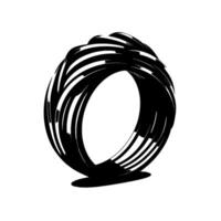 Abstract black torus sculpture composed of stacked, curved bands, illuminated with highlights, set against a stark white backdrop. vector
