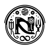 Intricate Black and White Circular Featuring Sewing Machine, Needle, Thread, Fork, and Infinity Symbol within a Border. vector