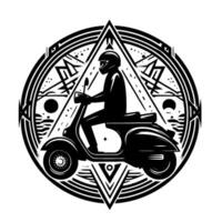 Geometric Black White Illustration of a Motorcyclist on a Scooter within a Circular and Triangular . vector