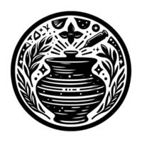 Black and white illustration, a vessel with botanical elements, syringe, starburst, and floral motifs contained within a circular emblem. vector
