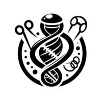 Abstract Black and White Illustration featuring DNA Helix, Scissors, and Circular Composition with a Decorative Stylized Motif. vector
