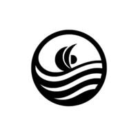 Abstract Black and White Circular with Sailing Boat and Wavy Water, Minimalist . vector