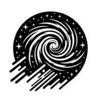 Stylized Black Hole Whirlpool in Space with Asterism, Swirling Energy and Comet Trail on White Background. vector