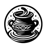 Bold Black and White Illustration of a Decorative Ceramic Pot with a swirling liquid, encased in a circular frame, adorned with traditional patterns. vector