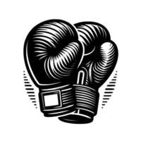 A stylized, bold black and white illustration of two boxing gloves, showcasing intricate line work and a dynamic, , set against a clean background. vector