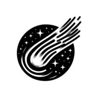 A stylized black and white illustration depicts a shooting star streaking through a starstudded, circular night sky, creating dynamic celestial movement. vector