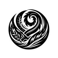 Ornate, symmetrical black and white circular , resembling a stylized feather, leaf, and wave motif, isolated on a white background. vector