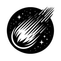 A stylized black and white depiction of a comet streaking across a starry night sky encapsulated within a circular frame, conveying cosmic motion. vector