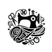 Black and white circular illustration of a sewing machine, thread, scissors, and other tools, set on a white background. vector