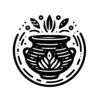 Black and white circular illustration of a pot with leaves and floral pattern, surrounded by a circular frame of curved lines and dots. vector