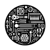 Abstract Black and White Circle Featuring Stylized Musical Instruments in a Modern, Minimalist Aesthetic. vector