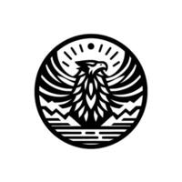 A bold, minimalist circular emblem featuring a stylized eagle with outstretched wings, mountains, and sun rays, rendered in black and white. vector