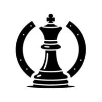 Black White Chess King encircled by a stylized horseshoe, symbolizing power and strategic game play, minimalist . vector
