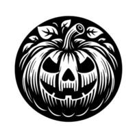 Black and white, illustration of a grinning Halloween pumpkin within a circular frame, adorned with leaves, conveying a festive, spooky atmosphere. vector
