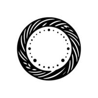 Elegant, symmetrical black and white circular emblem with stylized leaflike patterns and dotted inner ring on a textured white background. vector
