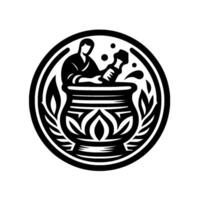 Black and White Illustration of a Person Mashing in a Decorative Vessel, Surrounded by Foliage Within a Circular Frame. vector