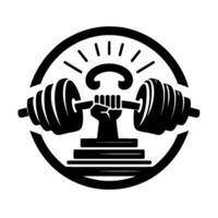 A bold, black and white emblem of strength featuring a clenched fist lifting a barbell within a circle, symbolizing fitness and power. vector