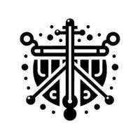 Abstract geometric symbol in black and white, featuring a central crosslike structure, surrounded by stylized elements, creating a symmetrical, balanced composition. vector