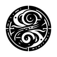 Circular Geometric Yin Yang Symbol with Swirling Organic Forms, Dot Details, and Gradient Tones in Black and White. vector