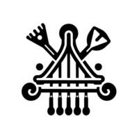 Abstract black and white with a symmetrical composition of geometric shapes, tools, and decorative elements, set against a white background. vector