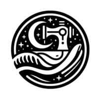 A stylized blackandwhite emblem of a sewing machine, encircled by a crescent moon, stars, and wavelike shapes, creating a whimsical and celestial representation. vector