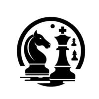 A monochrome, minimalist chessthemed emblem featuring knight, king, pawns, and bishop, all within a circular frame. vector