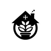 A minimalist black and white depicting a house embracing a potted plant with a cross, symbolizing ecofriendliness and home care. vector