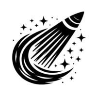 Stylized black and white comet illustration, surrounded by stars and dots, suggesting speed and cosmic movement, set against a clean white background. vector