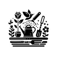 Stylized black and white illustration featuring garden tools, plants, watering can, bird, and floral elements arranged in a harmonious composition, suggesting springtime. vector