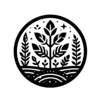 Stylized black and white botanical featuring a central tree, surrounding plants, and celestial elements within a circular frame. vector