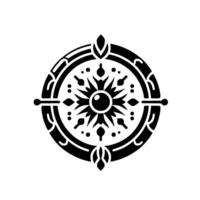 A symmetrical black and white , circular and ornate, featuring a central sunburst motif within an intricate border, evokes a feeling of a cultural emblem. vector