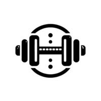 Minimalist Black Dumbbell within a Circle, Dots, and Dotted Line, Isolated on a White Background. vector