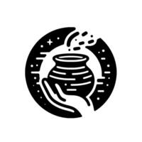 Black and White of a Hand Holding a Decorative Pot in a Celestial Circle with Symbolic Elements. vector