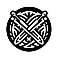 Stylized Black and White Emblem Crossed Knitting Needles Over Interwoven Yarn Within a Circular Border on White Background. vector