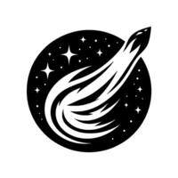 Monochrome, minimalist illustration of a comet streaking across a starfilled, circular, black void against a white backdrop. vector