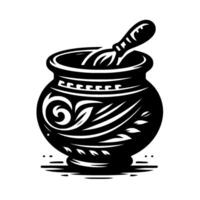 Black and white illustrated pottery with swirling and leaflike patterns, holding a whisklike utensil, set on a minimalistic white backdrop. vector