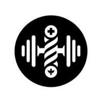 Stylized black and white featuring a central twisted with plus and asterisk symbols, flanked by barbelllike shapes within a circle. vector