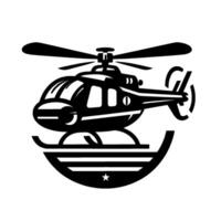 Black and white illustration of a helicopter with spinning rotors, superimposed on a stylized crest featuring a star, signifying movement. vector