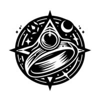 A symmetrical black and white illustration of a stylized cosmic compass, featuring stars, a crescent moon, and an elliptical orbit around an eyelike core. vector