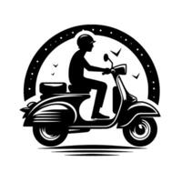 Silhouette of a scooter rider under an arched dotted frame, accompanied by flying birds, against a white backdrop. vector