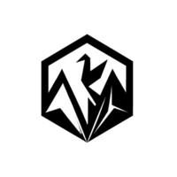 A modern, geometric featuring a black and white crane or bird within a hexagonal frame, evoking a sense of nature. vector