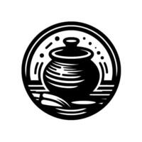 Circular black and white illustration of a rustic, stylized pot with a lid, enclosed within a circular border, evoking a minimalist, traditional aesthetic. vector