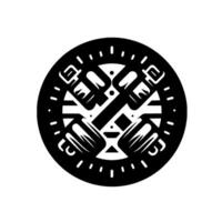 Black and white minimalist circular emblem featuring crossed tools grasped by stylized hands within a dotted border, conveying strength. vector