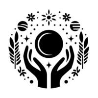 Black and White Mystical Illustration Featuring Open Hands Holding Crescent Moon with Celestial Elements in Circle Composition. vector