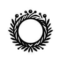 Black and White Circular Floral Wreath with Berries, Leaves, and Empty Center, Perfect for Decorations and Emblems. vector